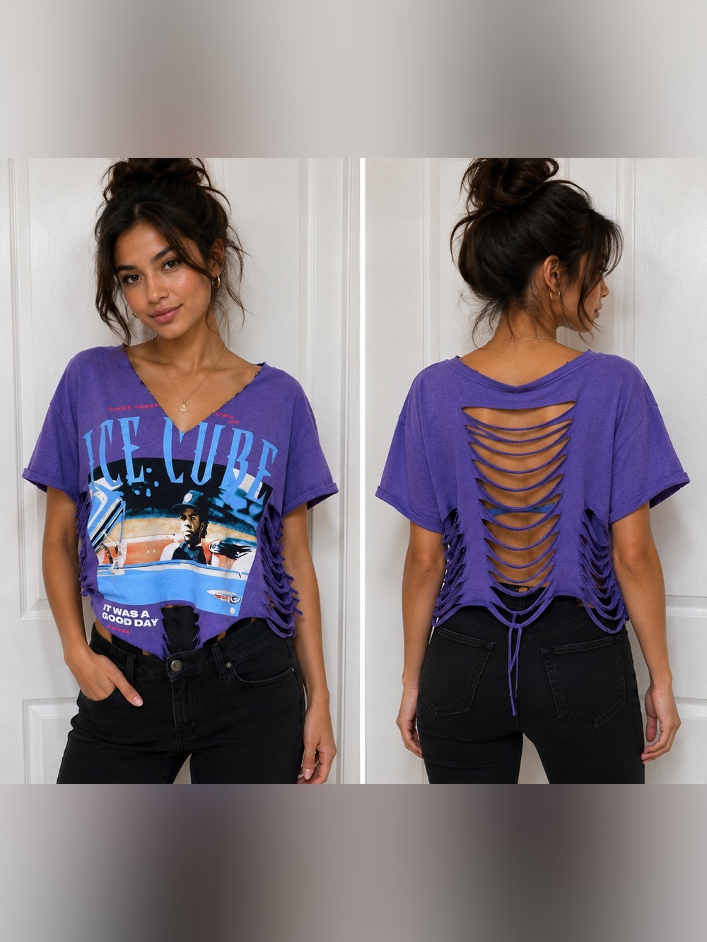 Ice cube Purple Graphic Lace-Back Cropped tee size L